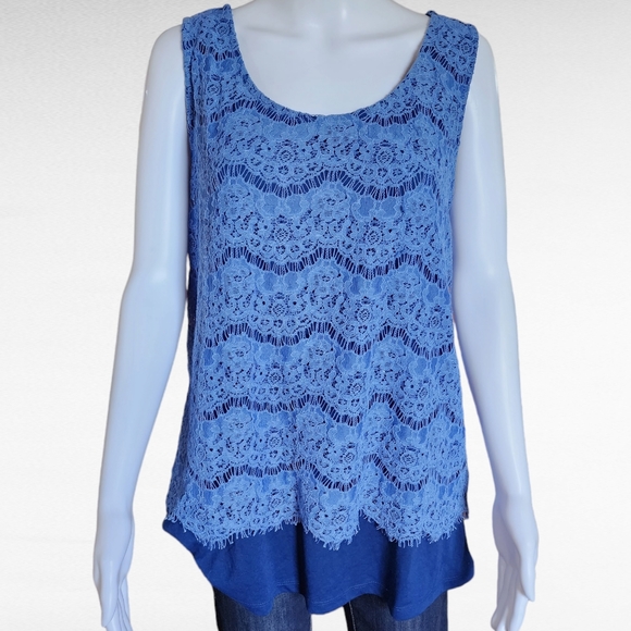 MS mode Tonal Blue Lace Overlay Sleeveless Blouse Size XL - Picture 1 of 7